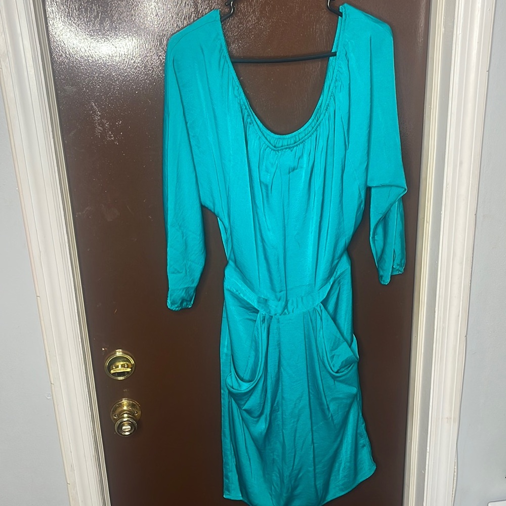 Teal on/off shoulder dress